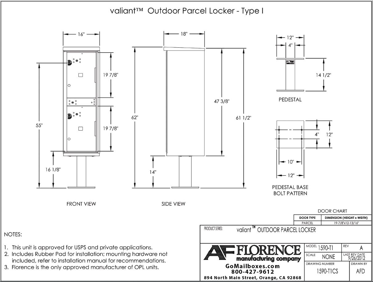 1590 T1-2 Door Outdoor Parcel Locker Diagram