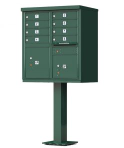 8 Door Florence Vital 1570-8 Series USPS Approved (CBU) Cluster Mailboxes with Pedestal Green