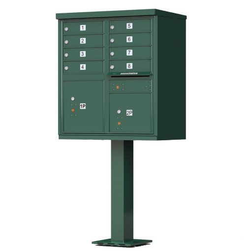 8 Door Florence Vital 1570 8 Series USPS Approved CBU Cluster Mailboxes with Pedestal Green