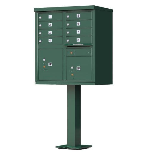 8 Door Florence Vital 1570-8 Series USPS Approved (CBU) Cluster Mailboxes with Pedestal Green