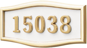 Address Plaque with White Background Poliched Brass Frame and Numbers