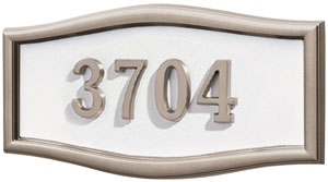 Address Plaque with White Background and Satin Nickel Frame and Numbers