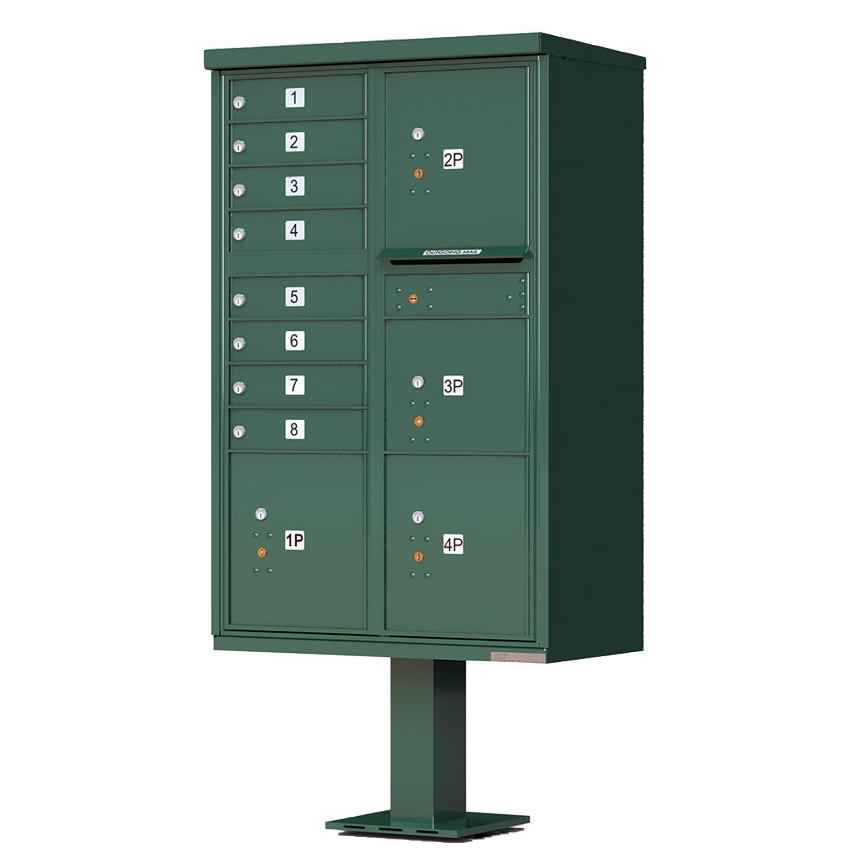 8 Door with 4 Parcel Lockers Florence Vital 1570 8T6 Series USPS Approved CBU Cluster Mailboxes with Pedestal Green