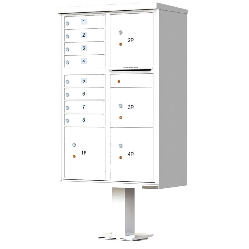 8 Door with 4 Parcel Lockers Florence Vital 1570 8T6 Series USPS Approved CBU Cluster Mailboxes with Pedestal White