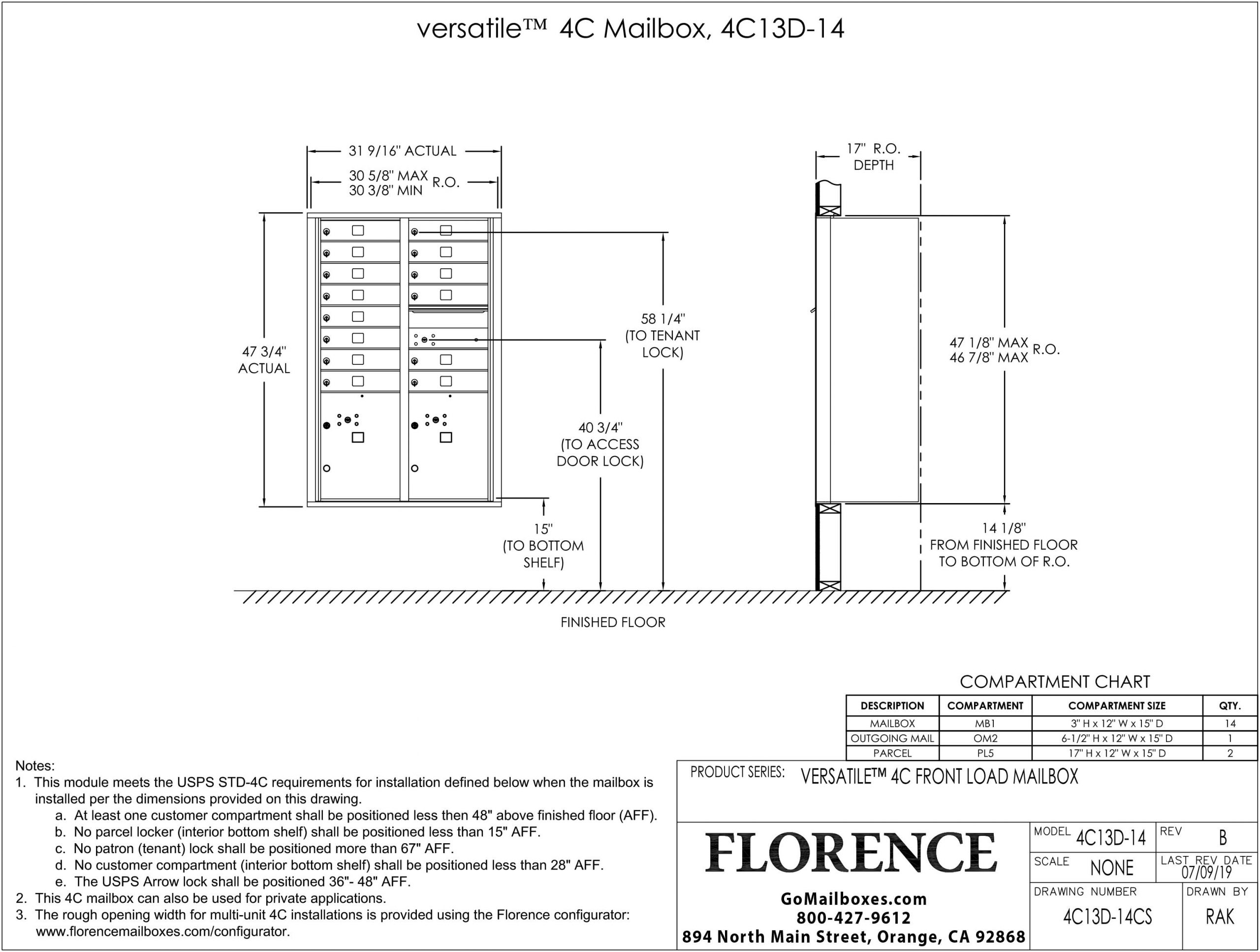 Florence-Versatile-Front-Loading-4C-Commercial-Mailbox-4C13D-14-Dimensions