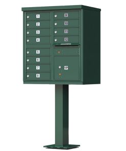 12 Door Florence Vital 1570-12 Series USPS Approved (CBU) Cluster Mailboxes with Pedestal Green