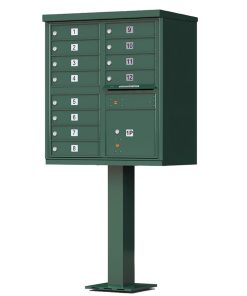 12 Door Florence Vital 1570-12 Series USPS Approved (CBU) Cluster Mailboxes with Pedestal Green