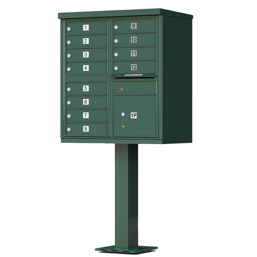 12 Door Florence Vital 1570-12 Series USPS Approved (CBU) Cluster Mailboxes with Pedestal Green