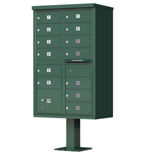 13 Door Florence Vital 1570 13 Series USPS Approved CBU Cluster Mailboxes with Pedestal Green