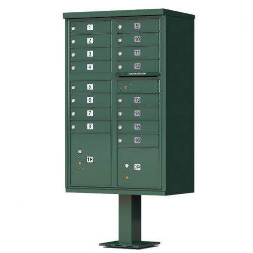 16 Door Florence Vital 1570 16 Series USPS Approved CBU Cluster Mailboxes with Pedestal Green