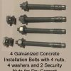 4 Galvanized Concrete Installation Bolts with 4 nuts, 4 washers and 2 Security Nuts for Dry Cement.